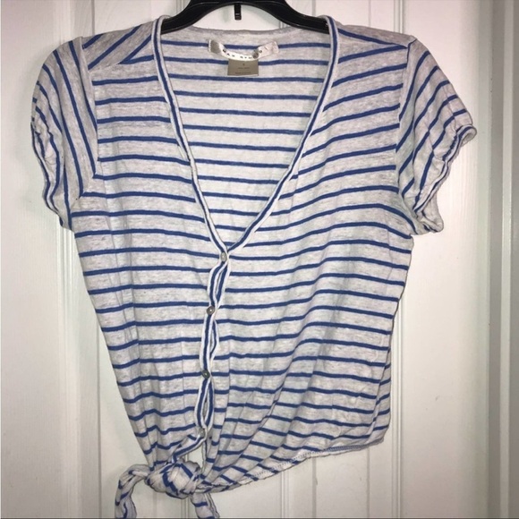 Max Studio Linen Crop Top Button Down White Blue Stripes - Picture 5 of 8